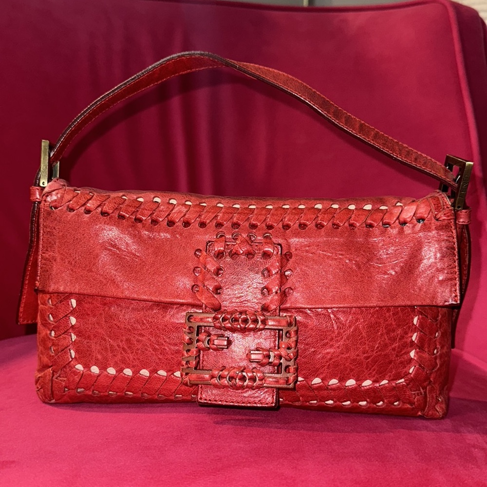 Fendi red leather whipstitch mama baguette shoulder crossbody convertible bag - Picture 3 of 16